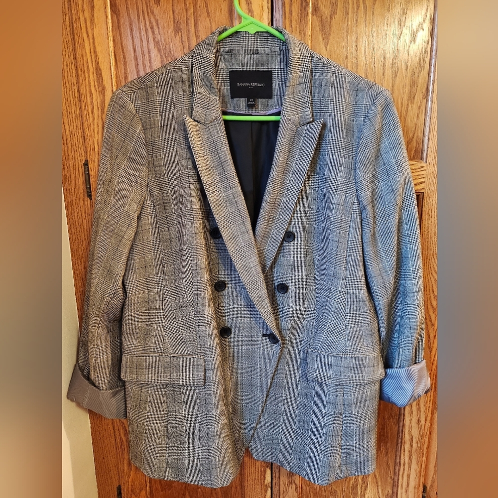 Banana Republic Gray Plaid Double-Breasted Blazer